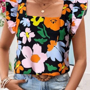 Boynu acik kolsuz cicekli bluz