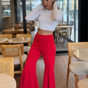 Kirmizi genis pacali pantolon